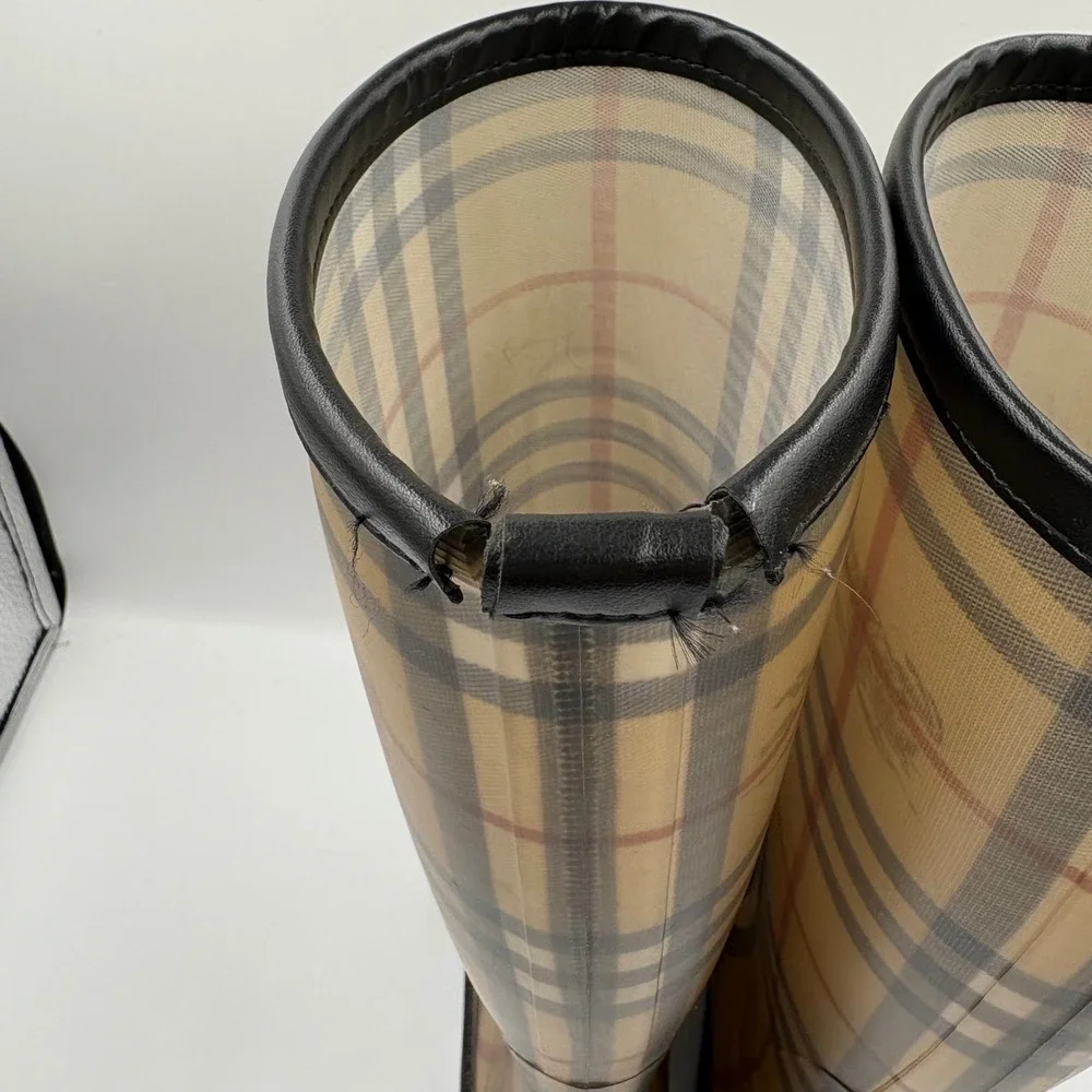 Burberry Rain Boots Women Size 38 Tan Nova Check Tall Haymarket Plaid
